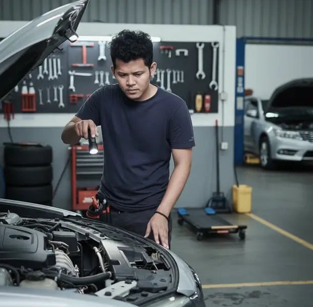 Teknisi profesional melakukan inspeksi mobil