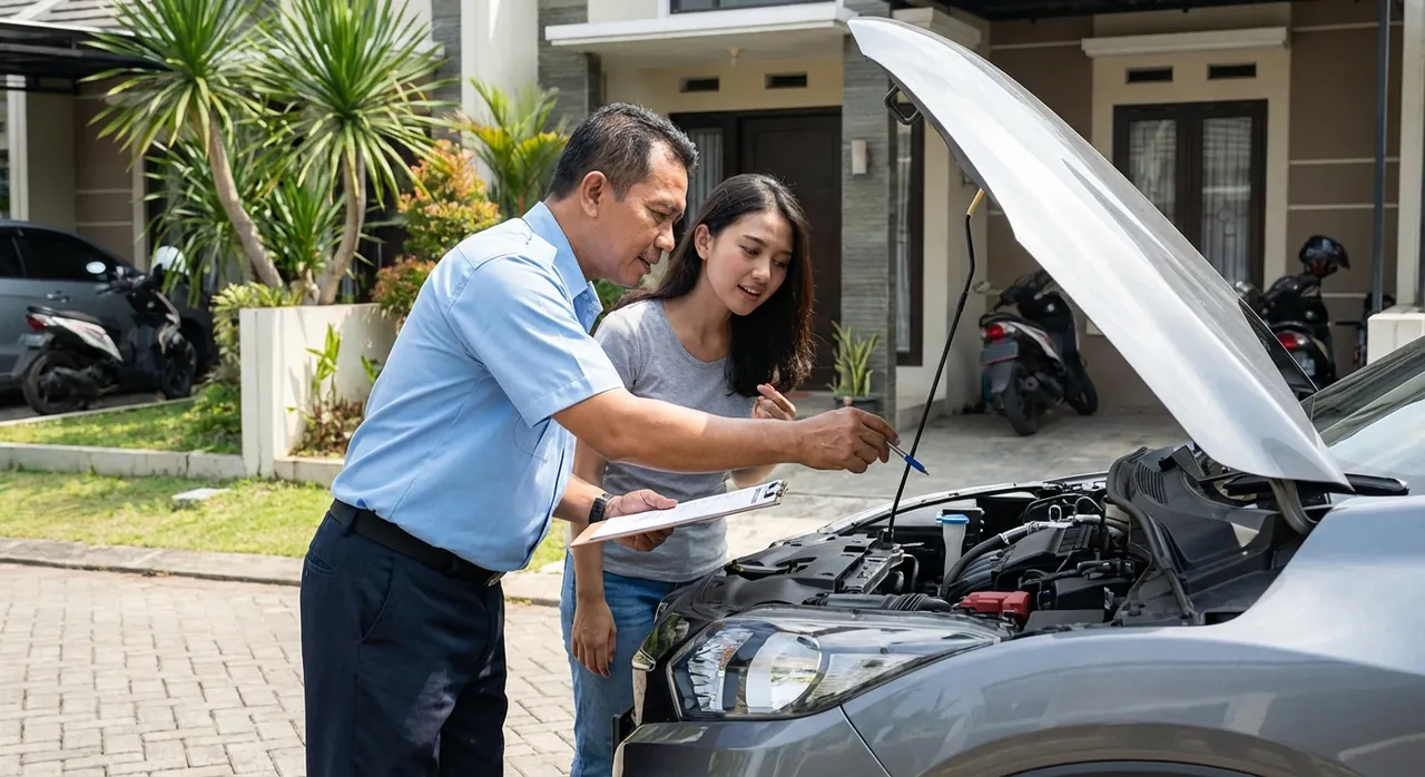 Klien Uji Mobil bersama teknisi di depan SUV kompak